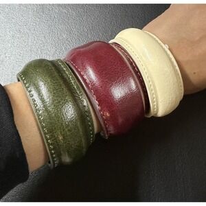 ZARA Leather Cuff Bangle Bracelets Burgundy Green Cream Bendable 3 Pack Bohemian